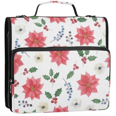 Imagem de Aquarela flores vermelhas creme organizador com zíper 3,5 polegadas fichários 3 anéis saco de fichário resistente ensino médio com alça, suporte para 500 folhas, 34,5 x 31,5 x 9 cm