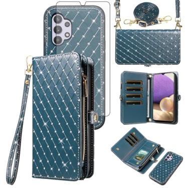 Imagem de Capa de celular para Samsung Galaxy A32 5G 2021 16.5 cm carteira com zíper destacável com protetor de tela, compartimento para cartão flip glitter M32 G5 A 32 32A S32 SM-A326U A326U A326U feminino