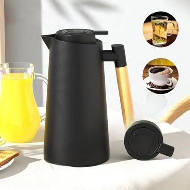 Imagem de Garrafa Térmica de água, 1 Litro Garrafa Térmica Com Termômetro Led Para Chás/Café Design Moderno Cabo Em Madeira(Preto)