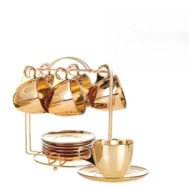 Imagem de Conjunto de Xícaras de Chá e Café 170ml com Pires e Suporte Dourado em Vidro – Jogo Decorativo Elegante para Mesa Posta(Dourado)