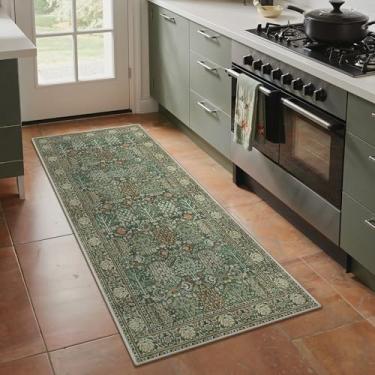 Imagem de Bavni Tapete de corredor de 6 x 15 cm para corredores, tapete lavável antiderrapante, estilo estampa floral vintage para quarto - Tapete leve de pelo baixo para corredores e banheiro, verde floresta