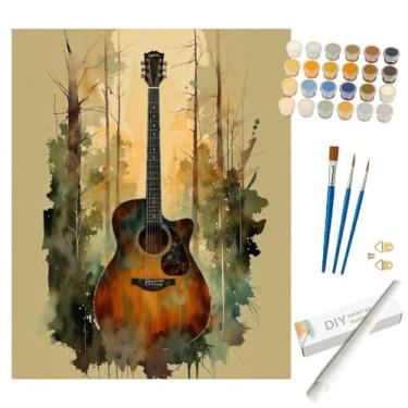 Imagem de Kit de pintura de guitarra por números para adultos - Pintura de guitarra florestal DIY enrolada em tela 40,6 x 50,8 cm, conjunto de tinta acrílica, adequado para iniciantes, ideal para decoração de