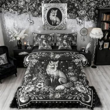 Imagem de Erosebridal Jogo de cama gótico queen em uma bolsa, conjunto de cama queen | Conjunto de cama de raposa, vintage, floral, animais da floresta, galáxia, lua, flores, preto, decoração gótica