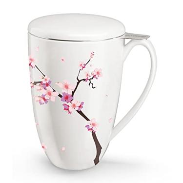 Imagem de immaculife Xícara de chá com infusor e tampa para imersão de folhas soltas, saquinho de chá, café, leite, mulheres, escritório, casa, presente, 473 ml, flores de pêssego