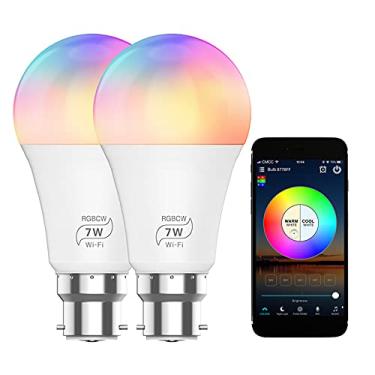 Imagem de 2PCS Lâmpada LED com Base B22 Conectada Inteligente WiFi BT de 7W Controle via Aplicativo no Celular Voz 16 Milhões Cores 20 Modos Dinâmicos Sincroniz