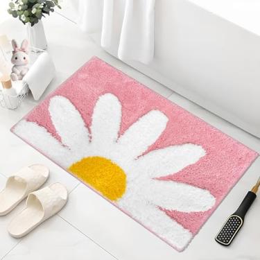 Imagem de APROPHIC Tapete de banheiro rosa, tapete de banho margarida, floral branco e amarelo, antiderrapante, tapete super absorvente, decoração de banho de primavera, microfibra macia, lavável na máquina