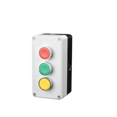 Imagem de AMSOH Novo botão de metal XB2 caixa de controle Start Stop Símbolo de identificação industrial auto reset interruptor de parada circular de emergência (3 furos)
