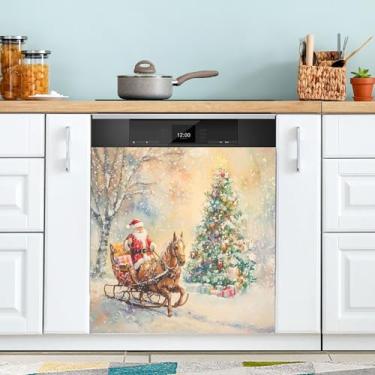 Imagem de SEHANY Linda capa magnética de Papai Noel para lava-louças, adesivos magnéticos decorativos antiarranhões para painel de geladeira e lava-louças, decoração de Natal de cozinha doméstica 58 x 66 cm