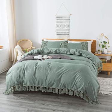 Imagem de Helthep Conjunto de capa de edredom com 3 peças de algodão lavado Cal King Boho Fringe Conjunto de cama macio respirável 100% algodão lavado verde capa de edredom com borlas (1 capa de edredom + 2