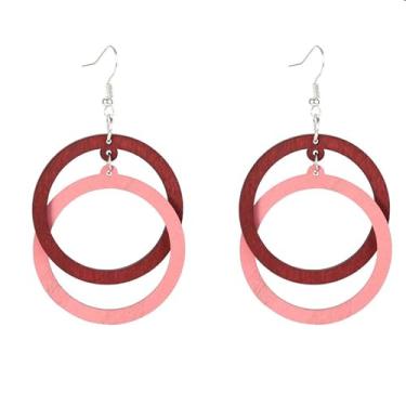 Imagem de Brincos Boho para mulheres, brincos de madeira, brincos de círculo duplo, vintage, brincos geométricos, joias presentes para meninas, Adjustable, Latão, Sem pedra preciosa