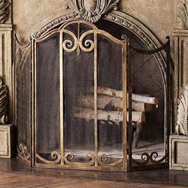 Imagem de CGKs6anmU Tela de lareira clássica grande com 3 painéis, cobertura de tela de proteção contra faíscas de fogo dobrável independente com pergaminho decorativo dourado, 114 cm de largura