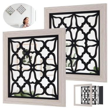 Imagem de UKQRRTC 2 peças de espelho de parede boho, espelhos quadrados estilo vintage com gancho bidirecional, escultura requintada, estrutura de madeira e acrílico para sala de estar, quarto (estilo3)