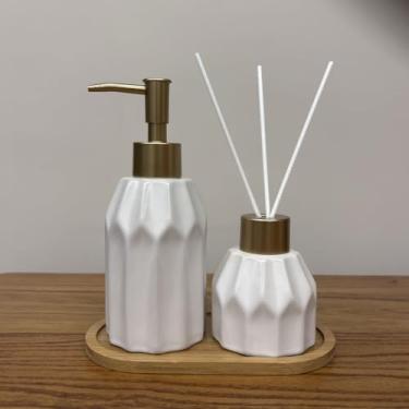 Imagem de Kit Banheiro Premium 3 Peças Saboneteira + Difusor + Bandeja em Porcelana Luxo Preto e Branco – Lavabo e Banheiro(Branco Geometric)