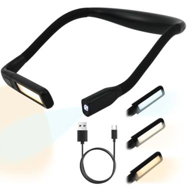 Imagem de Luz de leitura de pescoço recarregável, luz de leitura de pescoço para livros na cama, 1800 mAh, visor de nível de bateria, 3 cores, vida útil da bateria, cabeça de lâmpada rotativa de 180° para