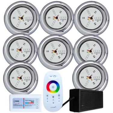 Imagem de Kit 8 Refletores Led 9w RGB Inox e Comando para Iluminação Piscina - H