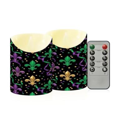 Imagem de Wassud Pacote com 2 velas sem chama Mardi Gras Fleur De Lis com controle remoto, velas realistas cintilantes com temporizador, velas decorativas para Natal, casamento, festa, decoração de casa pequena