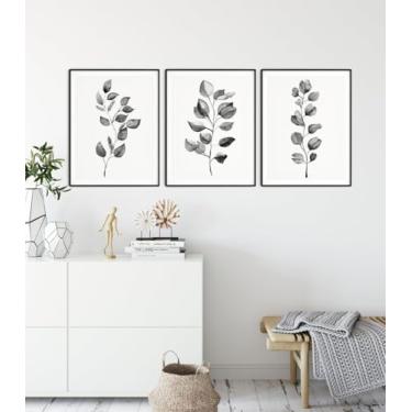 Imagem de Conjunto de arte de parede botânica preto e branco com 3 impressões de eucalipto, arte emoldurada para quarto, sala de estar, decoração de escritório em casa com moldura interna