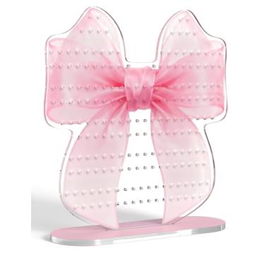 Imagem de NiHome Suporte de brinco de acrílico com laço rosa – Organizador de 202 furos para 80 a 101 pares, suporte de exibição de joias com design de laço impresso, decoração de quarto, decoração de laço