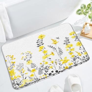 Imagem de Tapete de banho de flor amarela aquarela floral folhas cinzentas plantas flores silvestres ervas elegantes botânicas modernas estética chique decoração tapete de banho tapete de chão