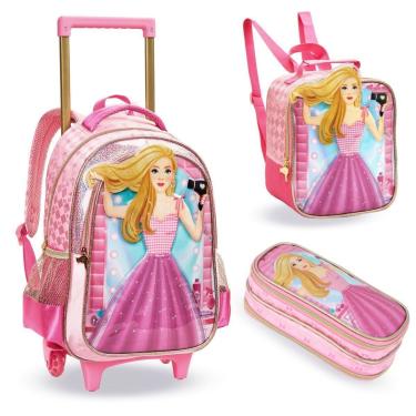Imagem de Kit Mochila Rodinha Princesa Estojo Lancheira Infantil Escolar Barbie Rapunzel Denlex-Feminino