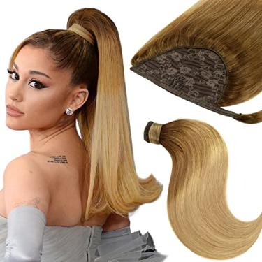 Imagem de Extensão de rabo de cavalo loiro em volta de extensões de cabelo de rabo de cavalo humano natural liso rabo de cavalo peça de cabelo virgem com pasta mágica, mistura marrom escuro com loiro