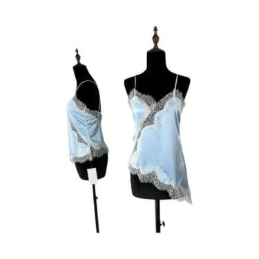 Imagem de Top Cropped Feminino De Cetim Com Renda E Decote Em V, Sem Mangas, Ass