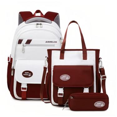 Imagem de Mochila escolar Mildame infantil juvenil vermelho e branco, conjunto 3 peças, mochila leve infantil, unissex, com pingente decorativo