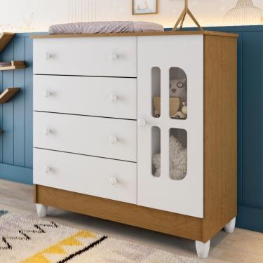 Imagem de Cômoda Infantil 4 Gavetas com Porta Fraldário Gabrielle 100% MDF Branco Bétula Carolina Baby