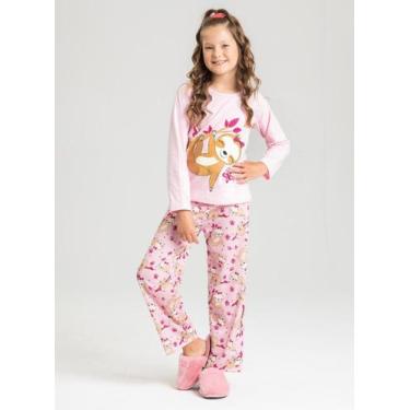 Imagem de Pijama Longo Infantil Menina Rosa Bicho Preguiça no Galho e Borboletas