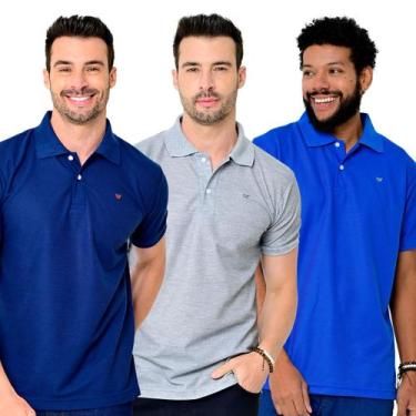 Imagem de Kit 3 Camisas Gola Polo Masculina Piquet Lisa Camisaria Colombo, Azul 