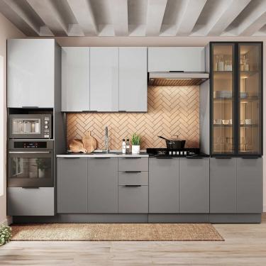 Imagem de Cozinha 6 Peças com Paneleiro para Forno e Micro-ondas com Vidro Fumê e Iluminação Lumina Cinza