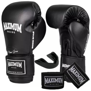 Imagem de Kit Luva De Boxe Muay Thai New Classic Preto + Bandagem 3m + Protetor Bucal - Maximum B...