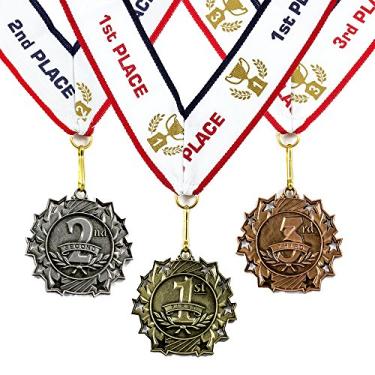 Imagem de All Quality Medalhas de prêmio 1º 2º 3º lugar com dez estrelas - conjunto de 3 peças (ouro, prata, bronze) inclui fita de pescoço (1 pacote)