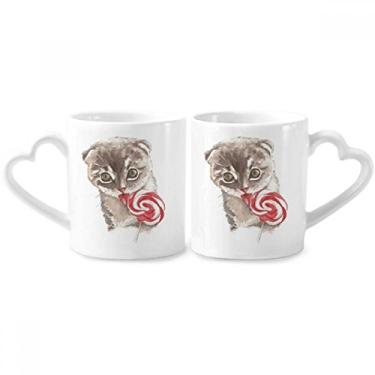Imagem de Conjunto de canecas de porcelana para casais, animais em aquarela, pirulito, pirulito, coração, coração