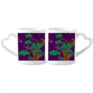 Imagem de Conjunto de canecas de porcelana para casal, árvore verde, cultura japonesa, roxo, coração
