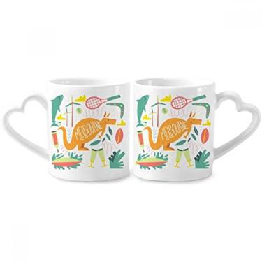 Imagem de Melbourne Austrália Kangaroo Tennis Surf Couple Conjunto de canecas de porcelana de cerâmica para amantes de coração