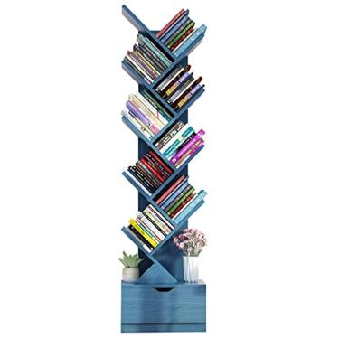 Imagem de KIZQYN Estante de árvore com gaveta, estante azul rústico, 10 prateleiras, estantes de mesa rack de armazenamento para CDs filmes livros estante