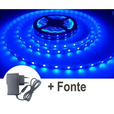 Imagem de Fita Led Azul 2835 24W 300 Leds 5 Metros 5M 12V Ip20 Com Fonte - Zaike