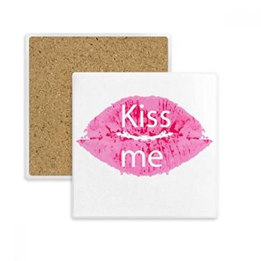 Imagem de Porta-copos quadrado rosa Kiss Me Dia dos Namorados porta-copos caneca suporte subplaca pedra isolante