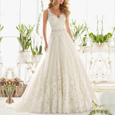 Imagem de Vestido De Noiva De Renda Branca Com Decote Em V Francês Sem Mangas E Costas Longas Para Noiva, Vestidos De Noiva Com Aplicação De Renda Ombro A Ombro, Vestidos De Noite Românticos De Tamanho Pers