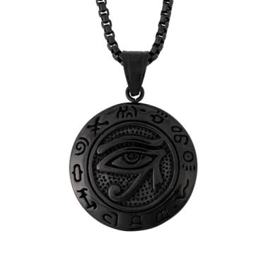 Imagem de HAQUIL Colar com pingente de medalhão hieroglífico do olho de Hórus em aço inoxidável banhado a preto, corrente de caixa, presentes de joias egípcias