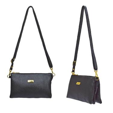 Imagem de Bolsa Feminina Preta Pequena Transversal em Couro Legítimo Preto Crossbody Alça Comprida Regulável 5 Compartimentos Madamix