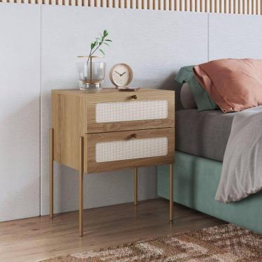 Imagem de Mesa de Cabeceira 2 Gavetas Palhinha Pé Metal Dourado Oslo Artesano Hanover/Dourado