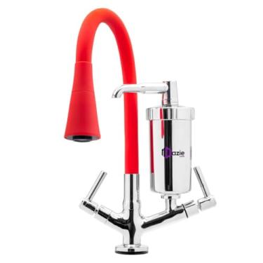 Imagem de Torneira Com Filtro Gourmet Bancada Mesa Emborrachada Silicone Cone Vermelho Acionamento 1/4 de Volta Flexível Bica 2 Modos de Jato