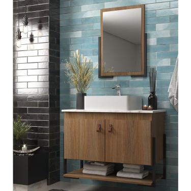 Imagem de Armário de Banheiro Elite 60 com Espelho 2 Portas e 1 Nicho Noce/Calacata - Belizze
