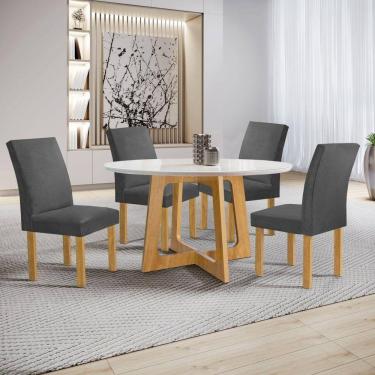 Imagem de Conjunto Mesa Arizona 120cm com 4 Cadeiras Canela Tampo Redondo Plus com Vidro Cinamomo/Off White/Veludo Cinza