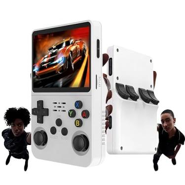 Imagem de videogame portátil console portátil R36S, com cartão TF de 128GB integrado e suporte a mais de 10000 videogames retro. Possui uma tela IPS de 3,5 polegadas (branco)