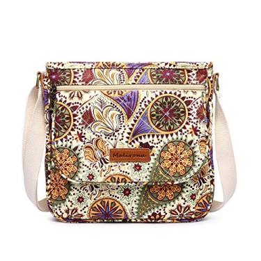 Imagem de Malirona Bolsa feminina transversal floral durável de lona carteiro bolsa de viagem com vários bolsos, Flor amarela, Mensageiro