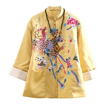 Imagem de Jaqueta feminina de inverno, estilo chinês, bordado, pavão, casaco de algodão grosso e quente, Amarelo, P