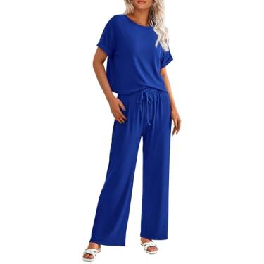 Imagem de PRETTYGARDEN Camiseta feminina de verão de 2 peças de malha de manga curta e calça de treino de perna larga roupa casual, Azul royal, Medium